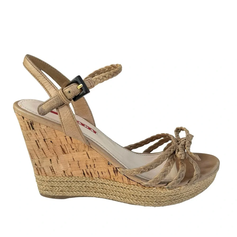 PRADA Strappy Sandals Cork Wedges Tan - Picture 7 of 16